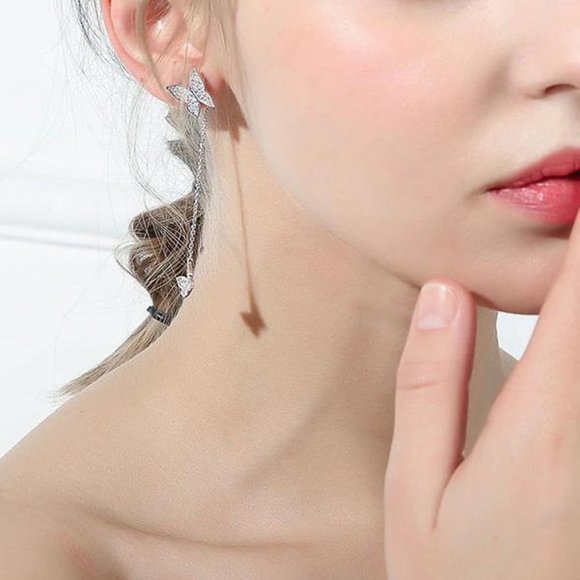 NEW 925 Sterling Silver Diamond Butterfly Earrings - Picture 2 of 4